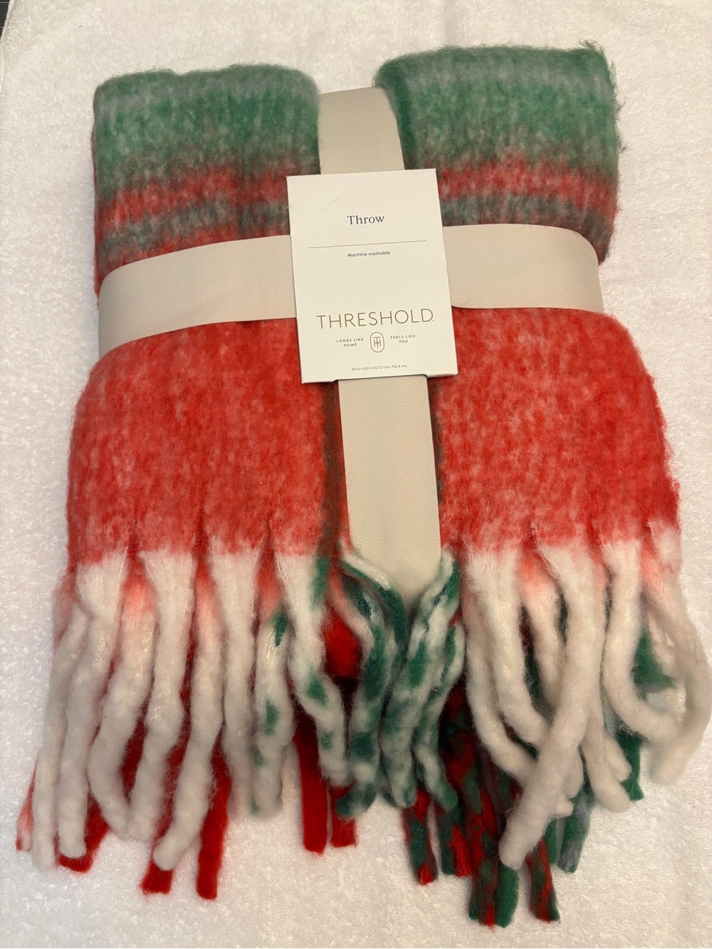 Threshold Green, Red & White Ombre Fringe Throw 50”x60” - NEW